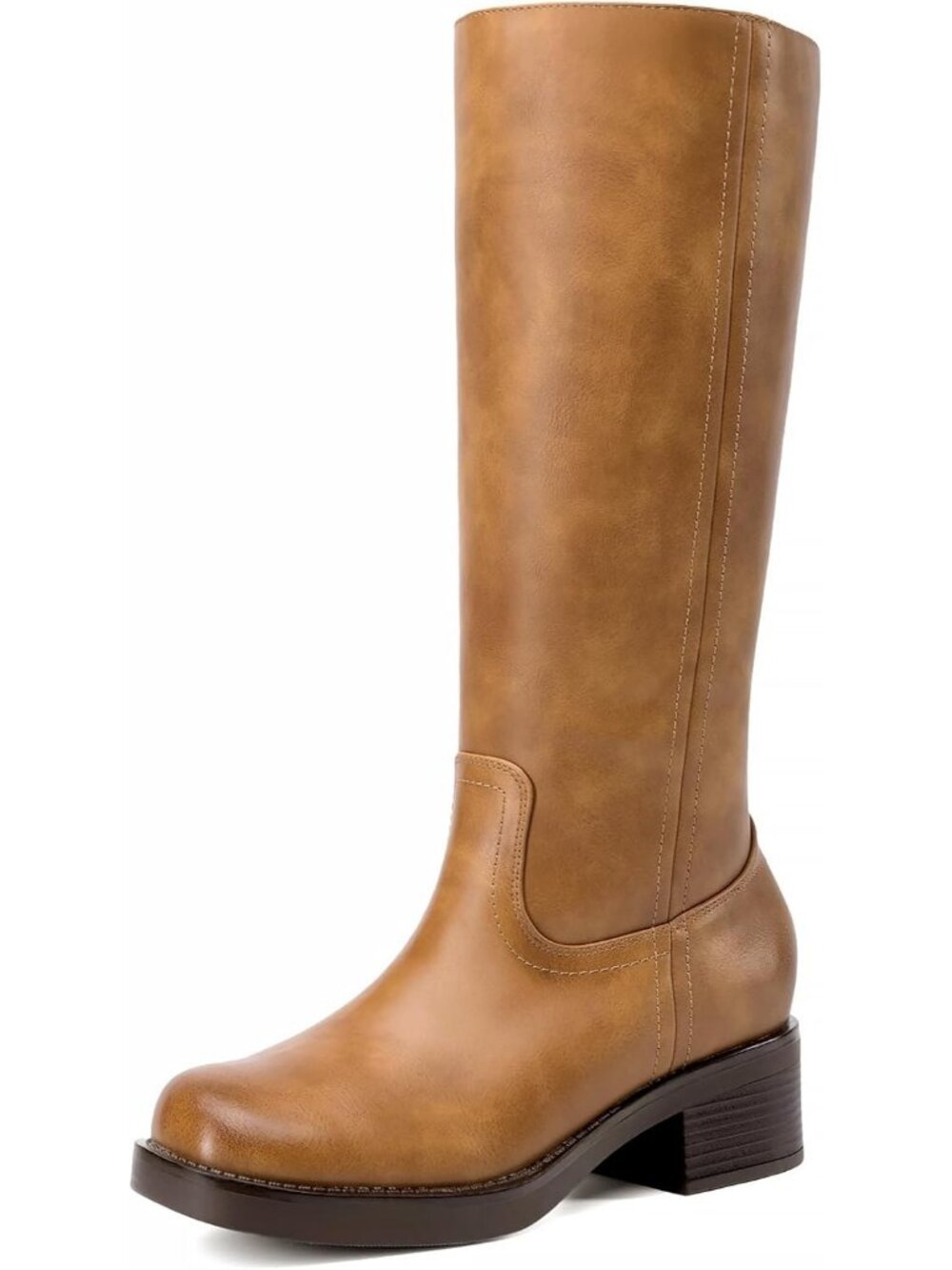 Dream Pairs Women's Tan Knee High Chunky Block Heel Boots Side Zipper